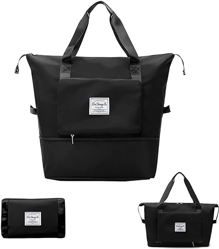 Groß Sporttasche für Herren und Damen - Faltbare Reisetasche Mit Fixed Shoulder Strap, Crossbody, Wet Bag - Leichtgewicht Wasserdicht Reisehandtasche (Schwarz)