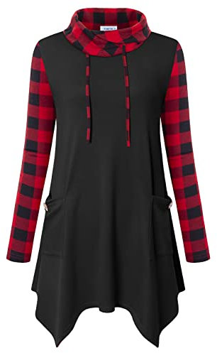 Amrto Karierte Bluse Damen Turtleneck Pullover Farbblock Langarmshirt Lange Flanell Pullover Weihnachtspullover Sweatshirt Tunika mit Taschen für Weihnachten, Schwarz & Rot XXL