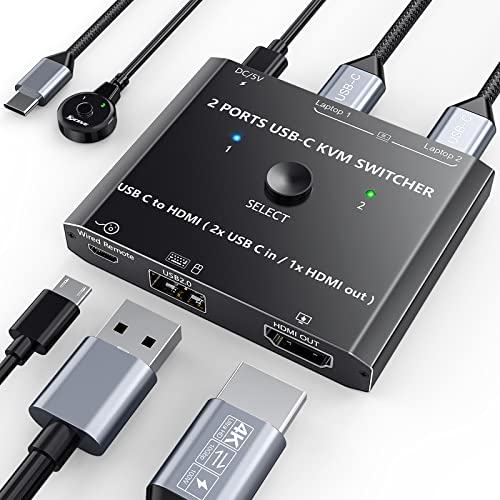 camgeet USB C KVM Switch 4K@60Hz, 2 in 1 out USB C Switch For 2 Laptops Share 1 HDMI Monitor and USB Devices, Compatible with Windows and MacOS, wired remote control and power cable included