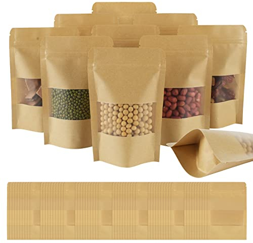 AUAUY 100pcs Papiertüten mit Fenster, Imprägniern Kraftpapiertüten, Standbodenbeutel Mit Sichtfenster, Kraftpapierbeutel, Standbeutel aus Kraftpapier für Nüsse Kaffeebohnen Teeblätter Gewürze (9*14cm)