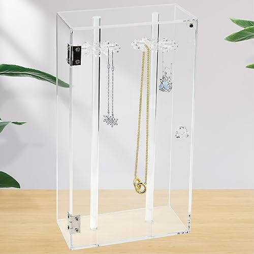 DAKFOOK Acrylic Jewellery Holder Box, Rotatable Necklace Organiser Hanging Stand with 24 Hooks, Clear Necklaces Display Stand for Necklaces, Pendants, Bracelets, Earrings