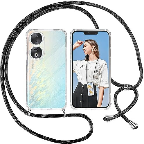 ISOI Coque pour Honor 90 avec Cordon - Tour de Cou Lanière en Corde - Transparente Silicone Housse avec Cordage Lanyard Case pour Honor 90 Collier Cover, Noir