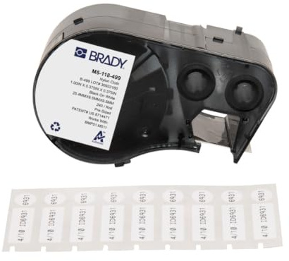 Brady Nylongewebe-Vorgefertigte Etiketten für Etikettendrucker BMP51/BMP53/M511 - 240 Klebeetiketten - Schwarz auf Weiß (25,40 mm (B) x 9,53 mm (H) x 9,53 mm (∅)) - M5-118-499