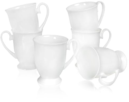 COSTMANCE Luxury Fine Bone China White Coffee Mugs Set of 6,8 oz | Ceramic Euro Style Tea Cups, Elegant Durable Coffee Cups Set for Gifts, Women, Men, Mom, Dad, Wedding