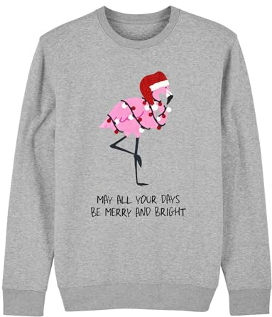 Cup of Tees Christmas Flamingo Sweatshirt, Grey Cotton Blend, Long Sleeve Holiday Graphic Design with Festive Message, Merry and Bright Theme
