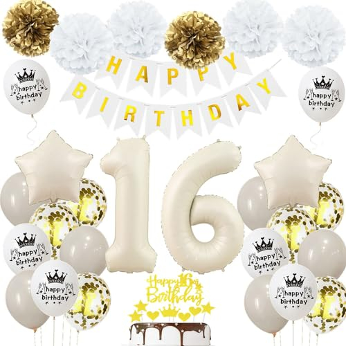 Geburtstagsdeko 16 Beige Gold, Luftballons 16 Geburtstag Mädchen Junge, Deko 16. Geburtstag Luftballons, Beige 16. Dekorationen, Sandweiß 16 Jahre Geburtstagsdeko, Luftballon 16