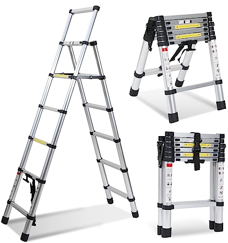 Herrselsam Teleskopleiter Klappleiter A-Rahmen, 1.7m+2m Aluminiumleiter 5+6 Sprossen Mehrzweckleiter, Tragbare Rutschfester Ausziehbare Stehleiter, Max Belastung 150 kg
