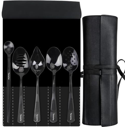 CREATIVECHEF Set of 5 Kitchen Spoons Chef Plating Tools Culinary Kit, Plating Tools Specialty Chef Plating Spoons Kit, Stainless Steel Serving Spoons Set, Professional Kitchen Secret, Black