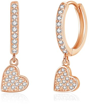 Kamise Damen Creolen Ohrringe Hängend, 925 Sterling Silber mit Zirkonia, Hypoallergen Creolen mit Herz Anhänger, Rosegold, Hängeohrringe für Frauen, Mädchen, Mutter