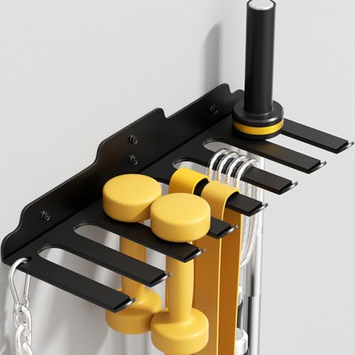 JNIHEEP Gym Home Storage Rack,Home Gym Accessories Hanger with 8 Hooks,Multi-Purpose Heavy Duty Rack for Resistance Bands Jump Ropes Lifting Belt Fitness Bands Barbells(Carabiners Included)