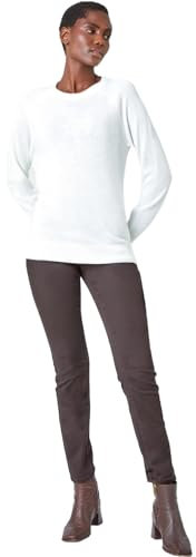 Roman Originals Soft Jumper for Women UK Ladies Winter Autumn Sweater Knit Knitwear Round Crew Neck Top Plain Lightweight Comfy Long Sleeve Split Hem Everyday Daywear - Ivory - Size 20