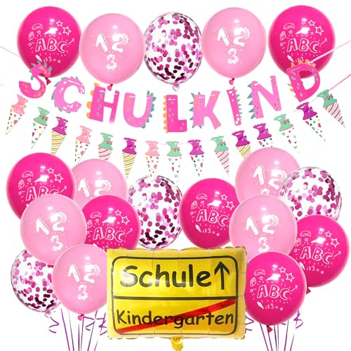 Schulkind Deko Einschulung Luftballons, Einschulung Deko + SCHULKIND Folienballon + 14 Luftballons Rosa Einschulung mit 123 ABC+ 4 Rosa Konfetti Luftballons für Schulanfang Deko Mädchen