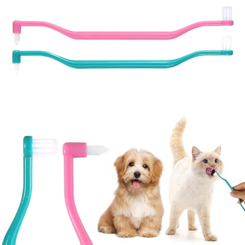 lasuroa 2 Cepillos de Dientes para Gatos, Doble Cara Cepillo de Limpieza de Dientes de Gato con Cabezal de Microcepillo y Mango Curvo Limpieza Profunda para Cuidado Dental Gato (Verde Rosa)
