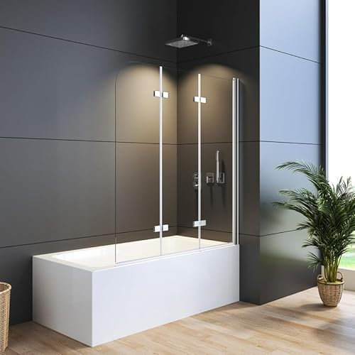 WDWRITTI Duschwand für Badewanne 140x140cm 3-teilig faltbar Duschabtrennung, Dreiteilige Duschtrennwand mit 6mm ESG Easy-Clean Sicherheitsglas, Faltwand für Badewanne
