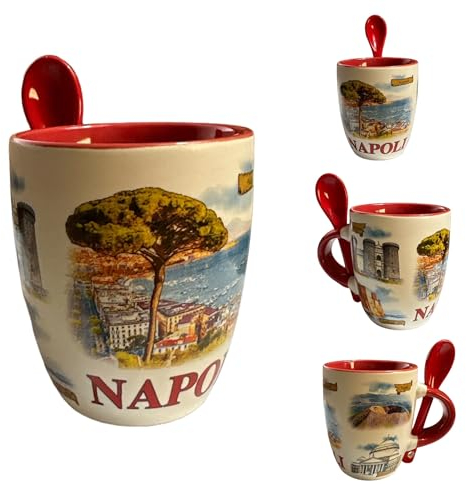 GMM Napoli Kaffeetasse aus Keramik mit Löffel, dekorierte Tasse, Souvenir-Tasse, Kaffeetasse mit Aufdruck Neapel, Fassungsvermögen 70 Milliliter. (7 Zentimeter)