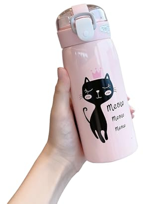 Vllcsla Gourde Isotherme 350 ml Bouteille Isotherme pour Filles avec Paille et Couvercle de Verrouillage, Bouteille d’eau en Métal avec Chat Motif, Bouteille de Boisson étanche en Acier Inoxydable
