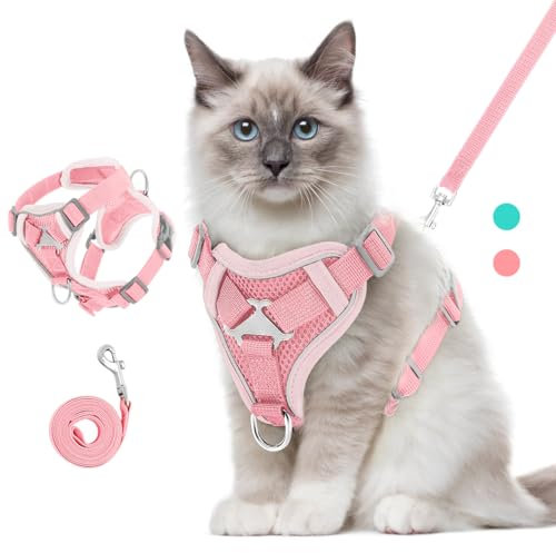 VavoPaw Katzengeschirr mit Leine Ausbruchsicher, Verstellbar Katze Brustgeschirr mit Reflektierend Streifen & Atmungsaktiv Netzgewebe, Weich Haustier Geschirr für Katzen Kätzchen Welpen, M, Rosa