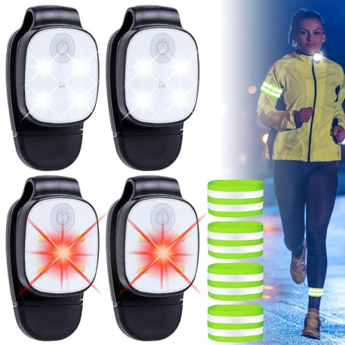 4 Stück LED Clip Lampe,Lauflicht Clip Nacht mit 2 Paar Reflective Armbänder, USB Wiederaufladbar 4 Beleuchtungsmodi Lauflicht Clip, Wasserdicht Sicherheitslicht für Laufen Camping Wandern Klettern