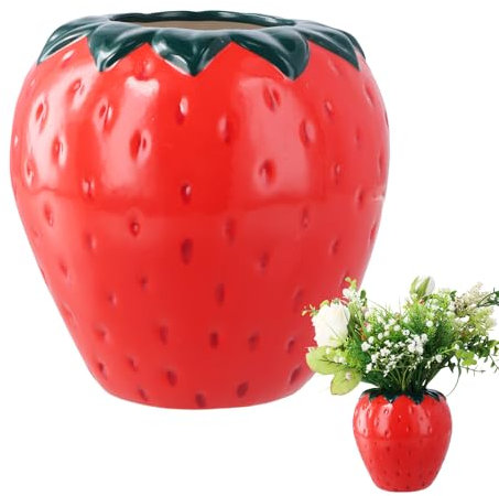 Focenat Vase à Fleurs en Céramique en Forme de Fraise, Rouge, Décoratif pour Salon, Chambre à Coucher, Mariage, Table à Manger, 15x15cm