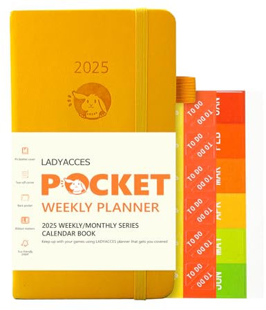 LADYACCES Taschenkalender 2025 [Jan.2025-Dez.2025 - Kleine Größe 16,5 x 9 cm] - Kalender 2025 Klein mit PU Leder Hardcover - A6 Planer 1 Woche 2 Seiten mit Innentasche - Gelb EUWMA6