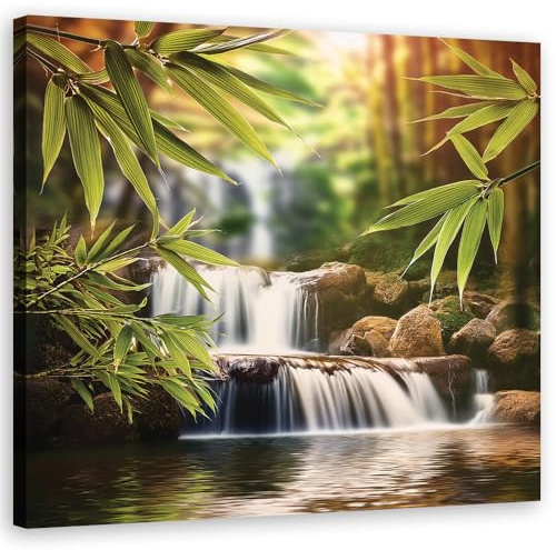 Feeby Leinwand Bilder - Wasserfall Zen-Steine - Canvas 40x40 cm - Deko Wohnzimmer - Wandbilder Schlafzimmer - Deko Aesthetic - Wand Deko - Leinwand Groß - Deko Zimmer - Leinwandbilder XXL