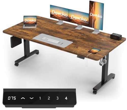 Devoko Höhenverstellbarer Schreibtisch mit 2 Motoren,25mm Einteilige Tischplatte, 200x80 cm Mobiler Elektrisch Computertisch mit Kabel Management, Vintagebraun - Perfekte Ergonomie für Dein Büro