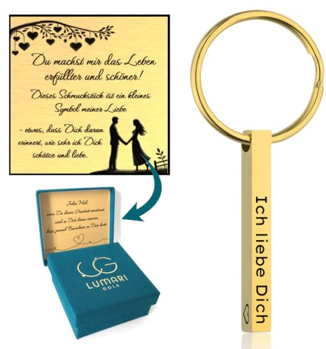 Lumari Gold Personalisierter Edelstahl Schlüsselanhänger Gravur 4 Seiten Geschenkidee | Anhanger Allergikerfreundlich, Rostfrei, Geschenk für für Männer und Frauen Partner & Familie