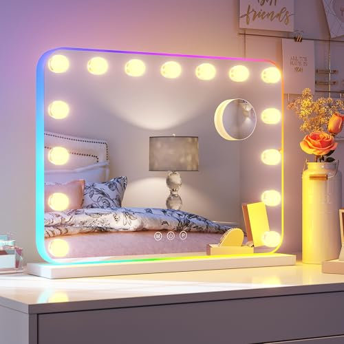 SONNI Hollywood Schminkspiegel mit RGB-Lichtbeleuchtung mit 15 Dimmbaren Lichtern, 3 Farbtemperaturen Schminkspiegel mit 10-facher Vergrößerung weiß 58x45 cm