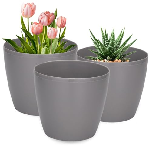 PECZEKO Blumentopf Glänzende, 3er-Set blumenkübel, 21/25/30 cm Pflanzkübel aus Übertopf Kunststoff Topf für, groß und klein Pflanzen, 3er-Set blumenkübel kräutertopf, Grau