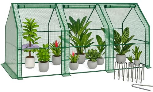 VOUNOT® Mini Serra da Giardino a Tetto a Punta 270x90x90cm, con 3 Finestre Laterali Avvolgibili, Copertura in PE Rinforzato 135g/m² e Telaio in Acciaio, per Orto, Pomodori, Fiori, Verdure, Verde
