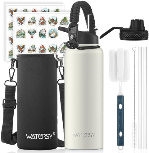 WATERSY Stainless Steel Vacuum Insulated Water Bottle 40oz, Drink Flask Metal Water Bottles 1200ml with 2 Lids Leakproof (Straw Lid and Spout Lid) Keep 24 Hours Cold Drinks for Sport, Work, Travel
