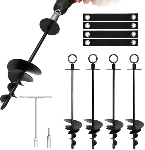 Joyhalo Strapazierfähige Trampolinpfähle, 4 Stück, Schraub-Bodenanker-Set mit Mutternschlüssel, spiralförmige Trampolinpfähle, Anker für hohen Wind, Zeltheringe für Trampolin, Carports, Schaukel-Sets