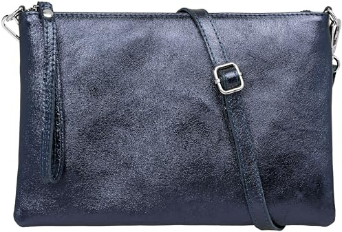 Caspar XL Clutch Echt Leder Damen Umhängetasche große Abendtasche mit abnehmbarem Gurt & Handschlaufe - CLASSIC LINE - Modell No.843 - Made in Italy, Farbe:dunkelblau metallic