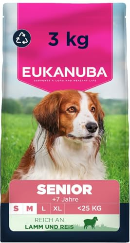 Eukanuba Senior Mangime secco per cani con agnello e riso per razze di taglia piccola e media, mangime secco premium per cani anziani, 3 kg