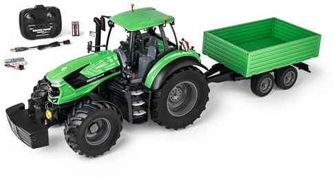 Carson 1:16 Deutz-Traktor 8280 TTV mit Anhänger 100% RTR - RC Traktor, Ferngesteuertes Fahrzeug mit Licht und Sound, inkl. Batterien und Fernsteuerung, Ferngesteuerter Bulldog