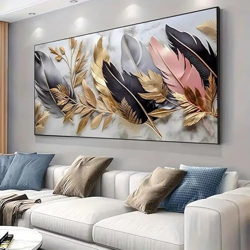 IKDZCM Feder-Leinwandkunst – Wanddekoration in neutralen Metallic-Tönen, Tintendruck-Poster für Wohnzimmer, Essbereich, Leinwand-Wandkunst (75 x 145/30 x 57 Zoll)