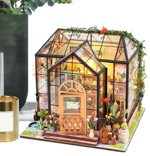 Hobngmuc Miniaturhaus-Bausatz | Hausbau-Kit mit Möbel- und Werkzeugkleber | Handgefertigtes kreatives Holzmodell Gewächshaus für Erwachsene Projekte Bastelraum