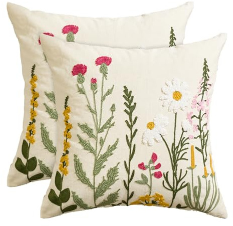Artoid Mode Antique Herbs Wild Flower Spring Cushion Covers Set of 2, 45x45 cm Chain-stitch Summer Decorative Pillow Case Cover Sofa Living Room Decor