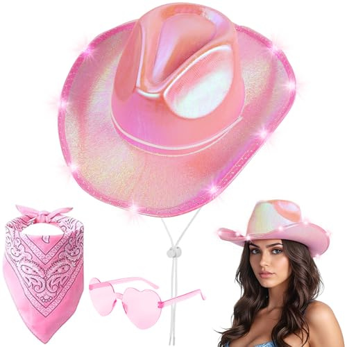 Aomig Sombrero Cowboy, 3PCS LED, Bandana Gafas Amor | Cowboy Hat LED, Western Cowgirl, Banda Country, Playa Natural, Mejicano