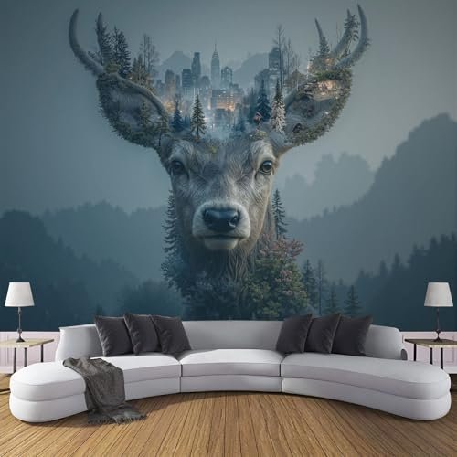 Fototapete Vlies Tapete Retro Elch, Fototapeten Vliestapete Tapeten Modern Stadt Wald Wandtapete, Wohnzimmer, Flur, TV Hintergrund XL Wandtapete 250×175cm(W×H) Poster Bilder Blau