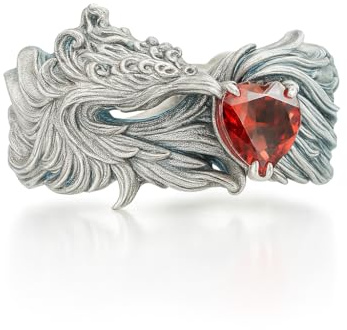Generisch 925 Silber Phönix Ring Damen mit Rotem Granat – Verstellbarer Vintage Gothic Ring aus Sterlingsilber, Mythologie Schmuck, Handgefertigter Statement Ring für Alltag & Geschenk