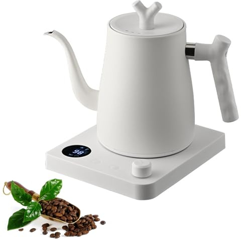 Electric Gooseneck Kettle with LCD Display, 1L Stainless Steel Electric Tea Kettle, Real-Time Temperature Control Kettle for Coffee Tea 1000W Quick Heating Tea Pot, White