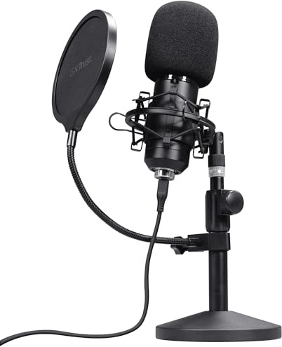 GXTrust Emita II Mikrofon mit Verstellbarer Mic Ständer, Schwarz | Windfilter, Popfilter, USB Mikrofon mit Nierencharakteristik, 192 kHz für PC PS4 PS5, Streaming Studio Podcast Gaming