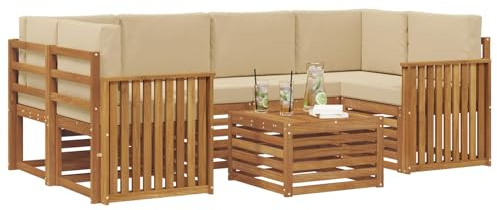 vidaXL Sofagarnituren 7 pcs Natur und Beige Massivholz Akazie, Garten-Sofa-Eckgarnitur, strapazierfähiges Lounge-Möbel, modernes Patio-Set für chilliges Terrassenleben