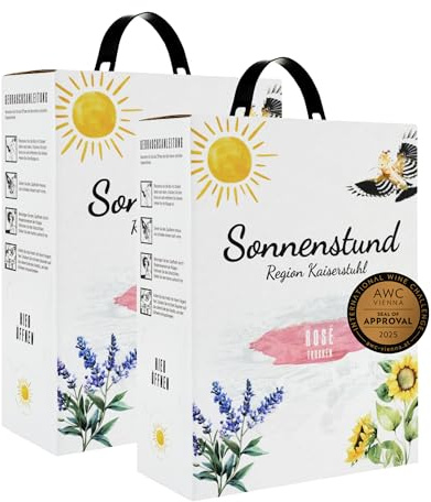 Sonnenstund Rosé trocken 3 Liter Wein-Box – BRONZE 2025 AWC Vienna – Zarte Fruchtaromen nach Pfirsich, Apfel und Zitrusfrüchten, Rosé-Wein Cuvée vom Kaiserstuhl (2 x 3,0 l Bag-in-Box)