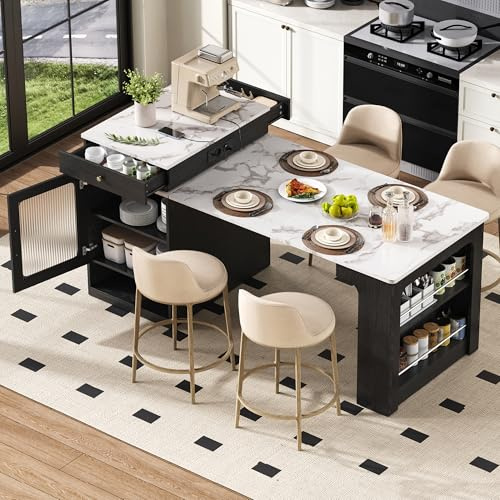 Isola da cucina su ruote, con tavolo da pranzo estraibile e ciabatta presa, tavolo da bar con piano rimovibile, carrello da cucina con vano portaoggetti, credenza e credenza per cucina e sala da
