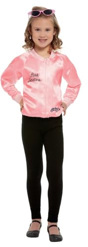 Smiffys Grease Pink Ladies Jacket for Kids, Pink Jacket with Embroidered Logo, Officially Licensed, Fancy Dress, and Playful Music-Themed Events, Girls Toddler Age 10-12 costume Halloween