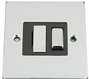 Switched Fused Spur Switch 13A -Polished Chrome -Flat -Black Insert -Metal Rocker Switch