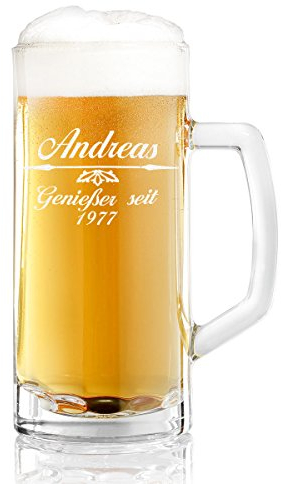 Bierglas personalisiert mit Gravur - Bierkrug Name und Jahr - Bierseidel Henkel als Vatertagsgeschenk - Geschenk-Idee zum Geburtstag 0,5l