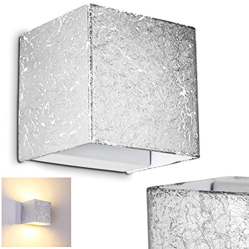 LED Wandlampe Olbia, viereckige Wandleuchte aus Metall in Silber mit Struktur-Effekt, Wandstrahler 1-flammig, 1 x 5 Watt, 350 Lumen, 3000 Kelvin, Innenwandleuchte m. Up&Down-Effekt